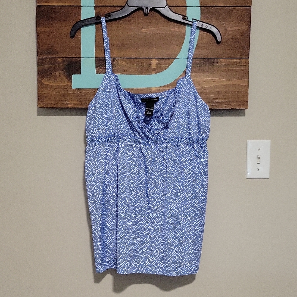 New York & Company Blue And White Pockadot Babydoll Blouse Size Large